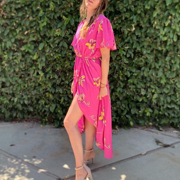 Short Sleeve Floral Print High-Low Wrap Dress - Picture 2 of 6